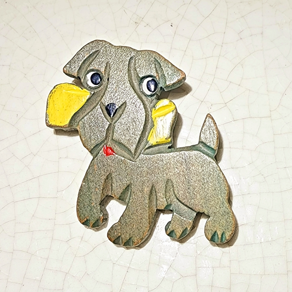 1940s Miniature Schnauzer with bone wood carved brooch. OOAK